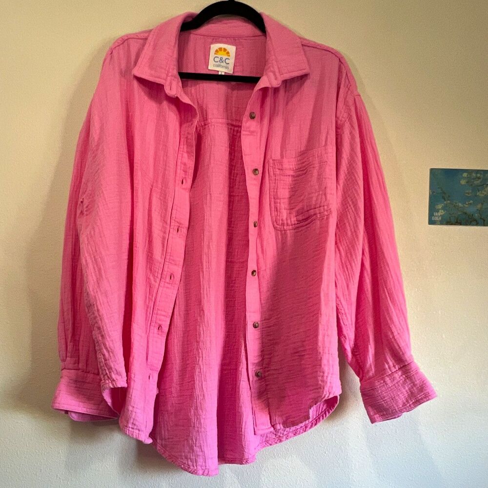 C&C California Gauzey L Pink Solid Cotton Woven Button-Up Collared Pockets